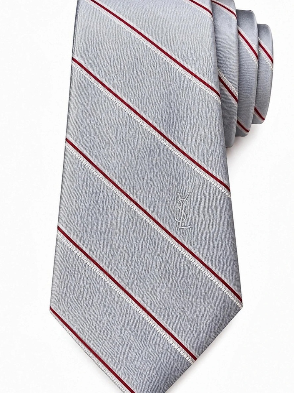 Vintage Yves Saint Laurent YSL Neckwear Tie Silver Gray Red Stripe Logo